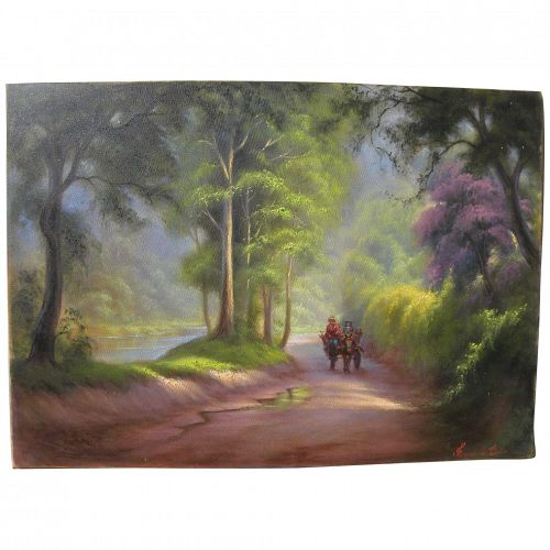 Filipino art impressionist landscape painting of forest road signed Fernando Danni