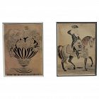 PAIR American folk art drawings with stencil, George Washington on horse and fruit compote