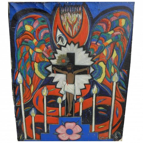 Colorful vintage folk art painting of the Crucifixion by Brazilian modernist artist