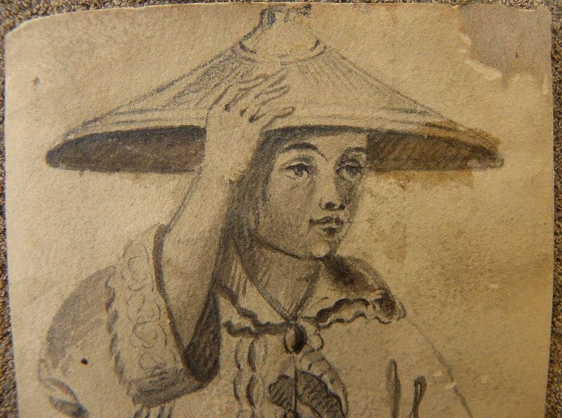 Circa mid 19th century Chinese art watercolor painting young man with conical hat