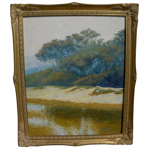 Impressionist signed contemporary landscape painting with trees and water