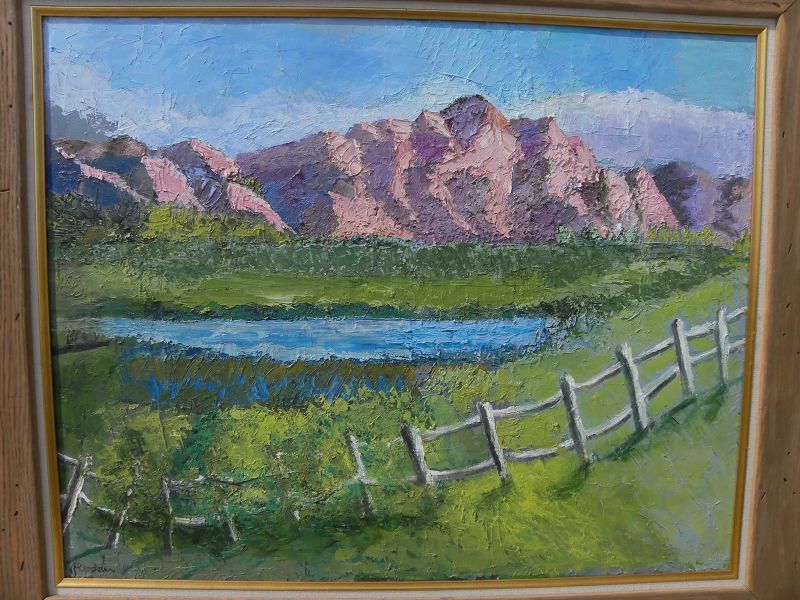 Large signed 1989 impressionist landscape painting mountains and meadow