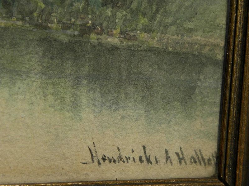HENDRICKS A. HALLETT (1847-1921) peaceful watercolor landscape painting of swampy pond and nearby trees