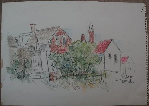 DAISY MARGUERITE HUGHES (1882-1968) charcoal landscape sketch with added color, of houses, likely Provincetown