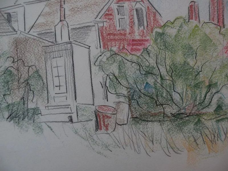 DAISY MARGUERITE HUGHES (1882-1968) charcoal landscape sketch with added color, of houses, likely Provincetown
