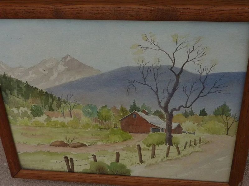 Mountain landscape with barn watercolor painting signed Elizabeth Quiroga