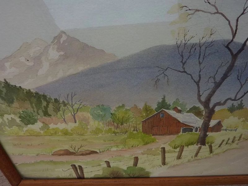 Mountain landscape with barn watercolor painting signed Elizabeth Quiroga