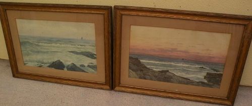 American marine art PAIR 19th century watercolor coastal landscape paintings