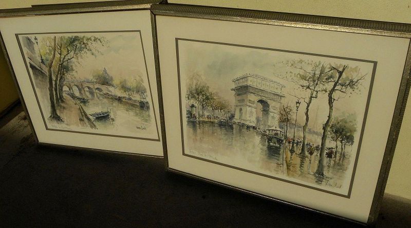 PAIR Mid Century Paris watercolor original paintings signed VAN LOD