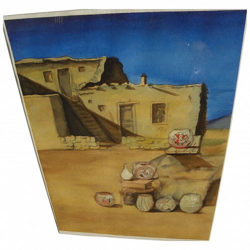 New Mexico art original watercolor drawing of a pueblo with traditional pots outside