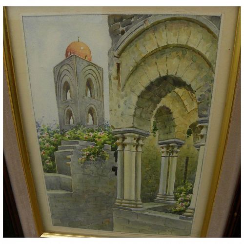 Watercolor painting of Mediterranean church architecture