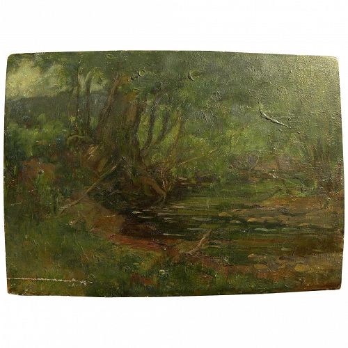 Circa 1900 French impressionist oil painting of a forest stream in Barbizon tradition