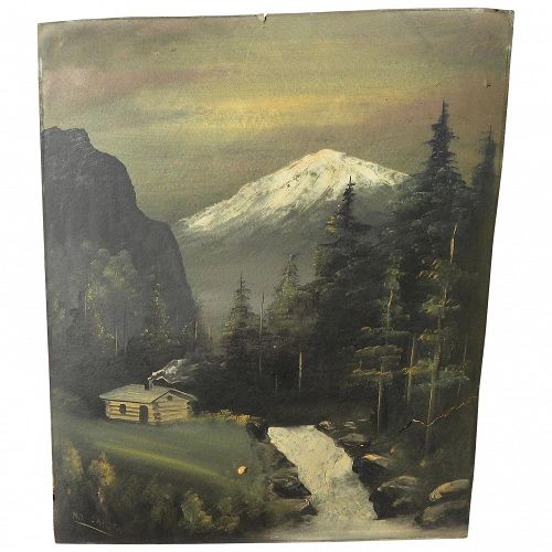Circa 1920 Cabin art Northern California primitive painting of Mt. Shasta