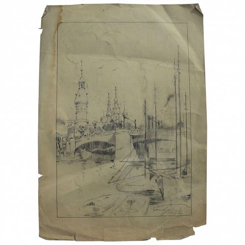 Old signed pencil drawing of mosque or church possibly Mediterranean or Black Sea