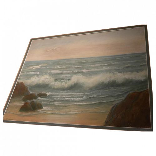 Vintage signed pastel drawing waves breaking on a beach