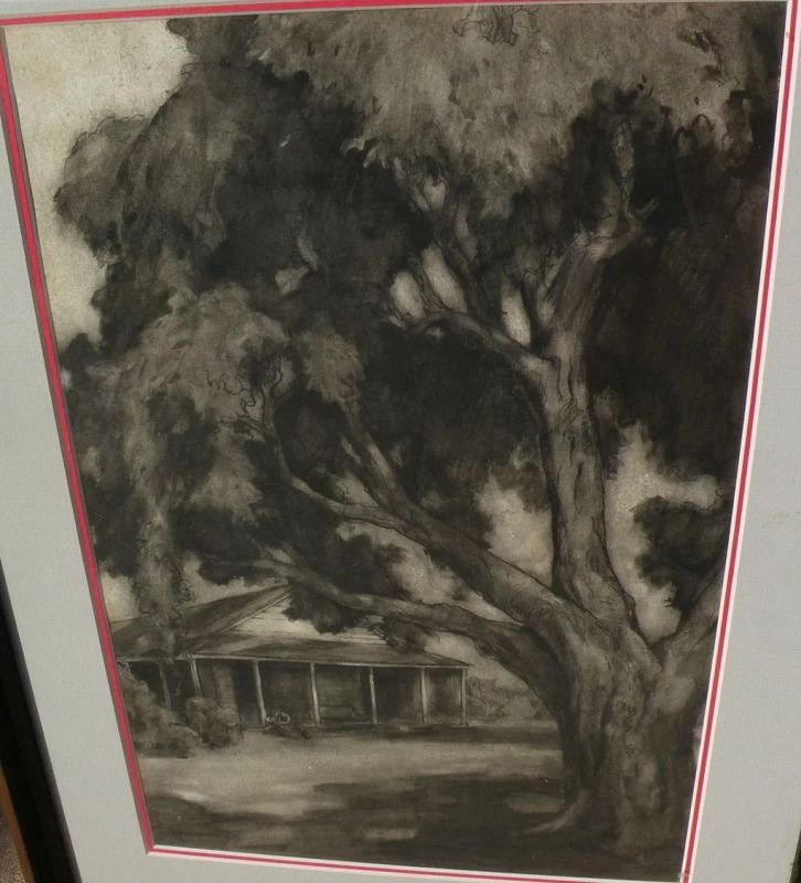 Fine charcoal and ink landscape drawing of old house with tree likely California