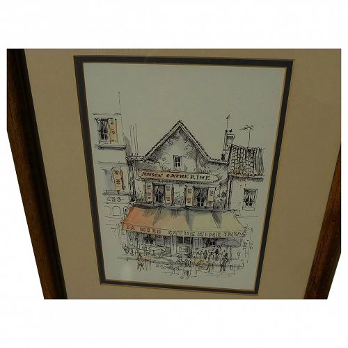 Ink and watercolor 1982 drawing of a Paris cafe by artist Brko
