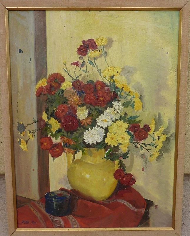 American impressionist painting of flowers in a vase signed Betty Way