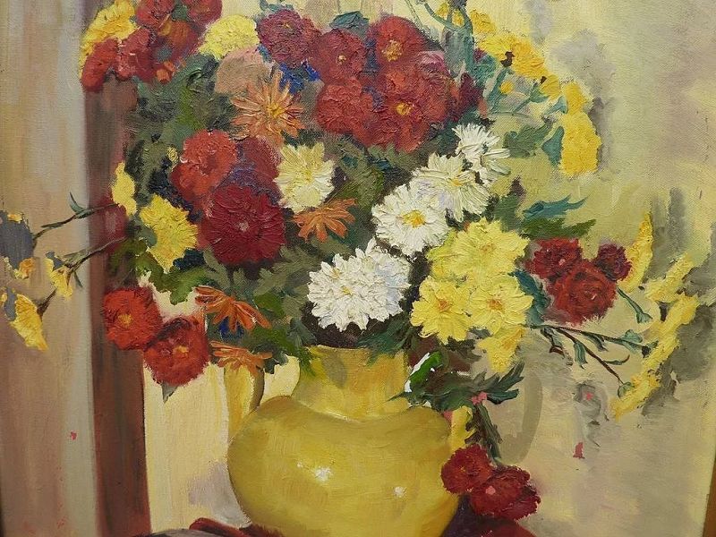 American impressionist painting of flowers in a vase signed Betty Way