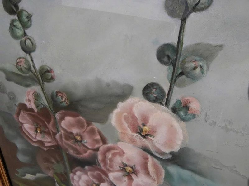 Early 20th century American pastel drawing of hollyhocks