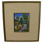 Haitian art colorful landscape painting of tropical village with figures