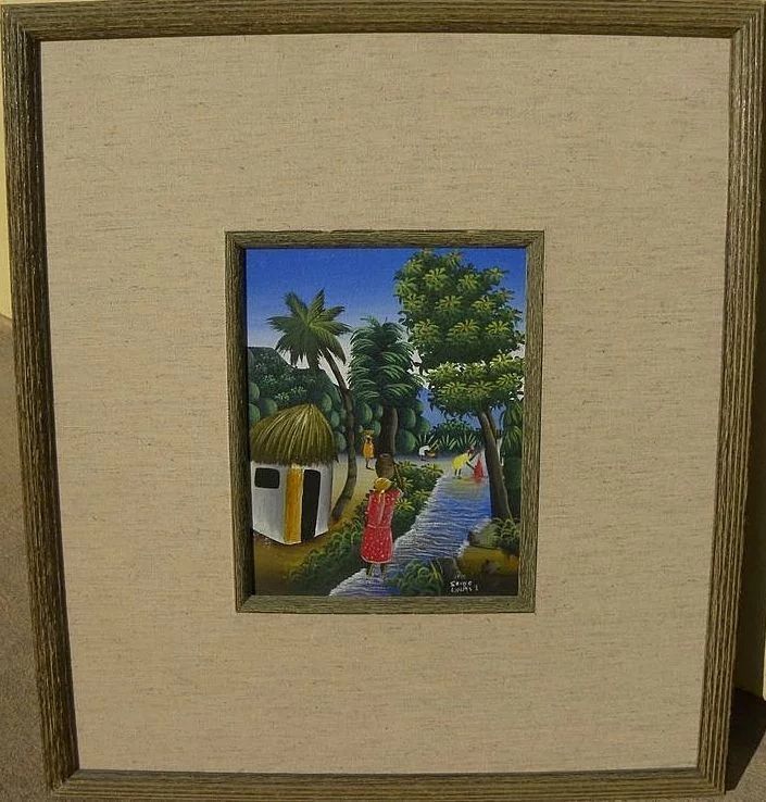 Haitian art colorful landscape painting of tropical village with figures