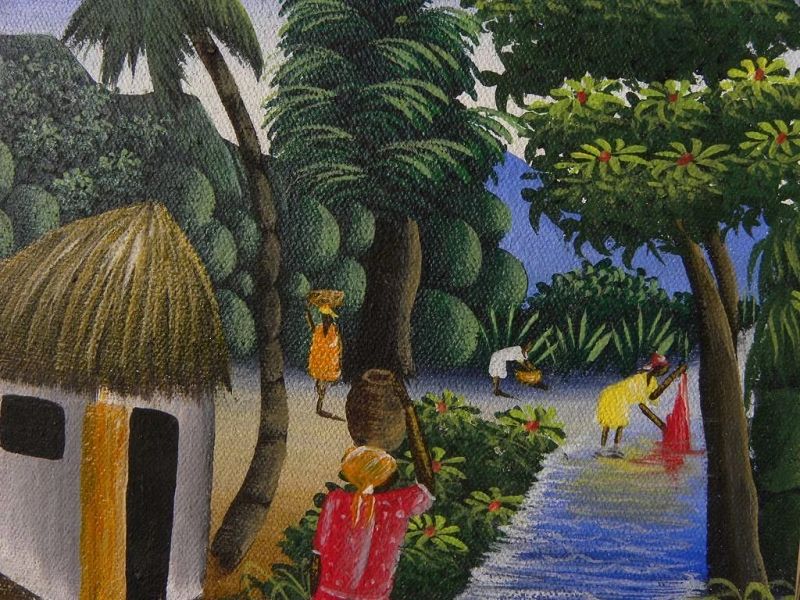 Haitian art colorful landscape painting of tropical village with figures