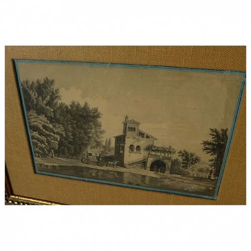 European 1838 watercolor drawing of elegant villa with approaching horse drawn carriage signed HERTER
