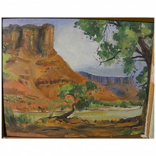 Southwest vintage landscape painting of dramatic red rock canyon probably Arizona