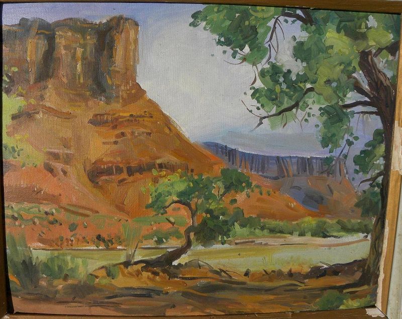 Southwest vintage landscape painting of dramatic red rock canyon probably Arizona