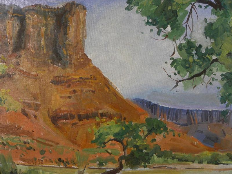 Southwest vintage landscape painting of dramatic red rock canyon probably Arizona