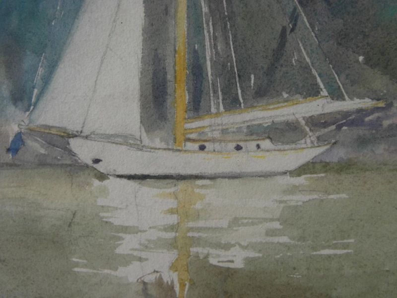 Vintage impressionist watercolor painting of a sailboat on calm waters