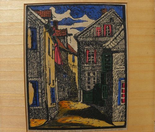 German 1909 pencil signed street scene woodblock print with colors