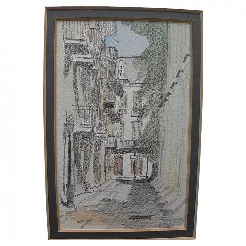 New Orleans Louisiana art pencil and watercolor signed drawing of Pirates Alley