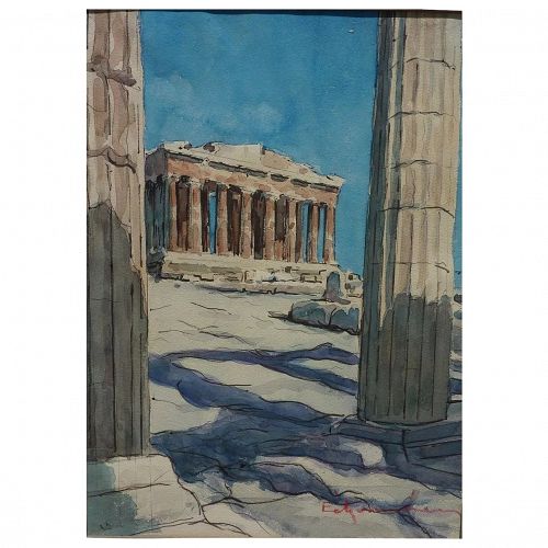 Contemporary signed Greek watercolor painting of the Acropolis in Athens