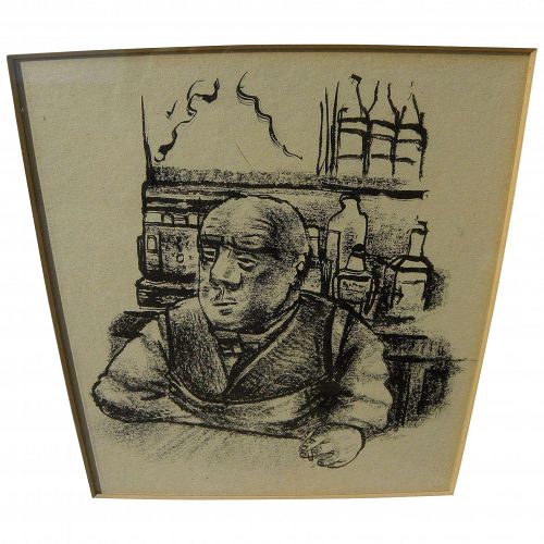 Mid Century ink drawing of a man in style of Ben Shahn or German Expressionists