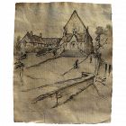 RENE ROUSSEL (1885-1962) French art old mixed media drawing of a church and village square