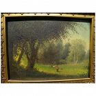 Circa 1875 old American oil landscape painting with tiny figures