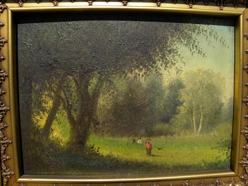 Circa 1875 old American oil landscape painting with tiny figures