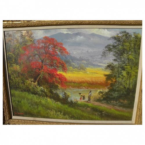 Indonesian art lush tropical landscape painting with figures signed M. DULLAH