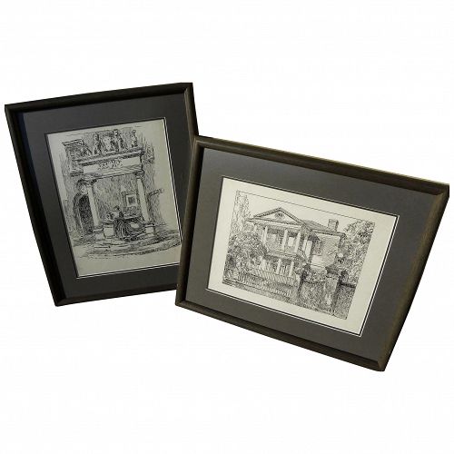 Pair of old ink drawings of gracious southern home and European fountain with figure