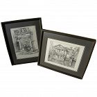 Pair of old ink drawings of gracious southern home and European fountain with figure