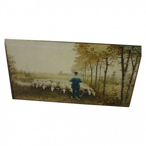 European watercolor painting of shepherd and sheep signed and dated 1900