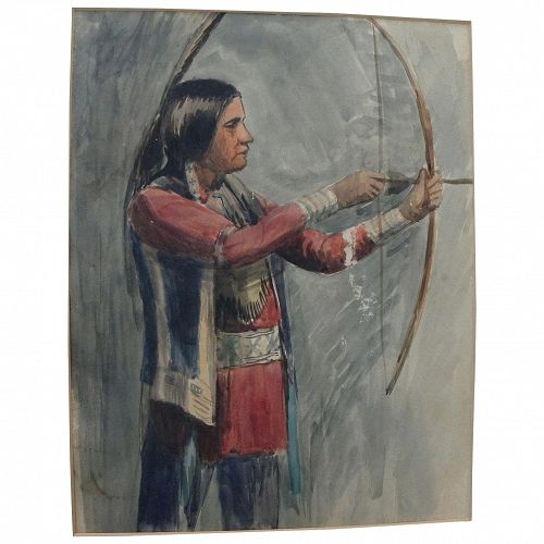 Vintage watercolor painting of Native American warrior with hunting bow