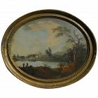 Old master circa 1800 classic landscape in oval shape frame