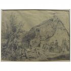 English circa 1830 pencil drawing of figures outside a thatched cottage