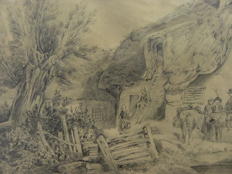 English circa 1830 pencil drawing of figures outside a thatched cottage