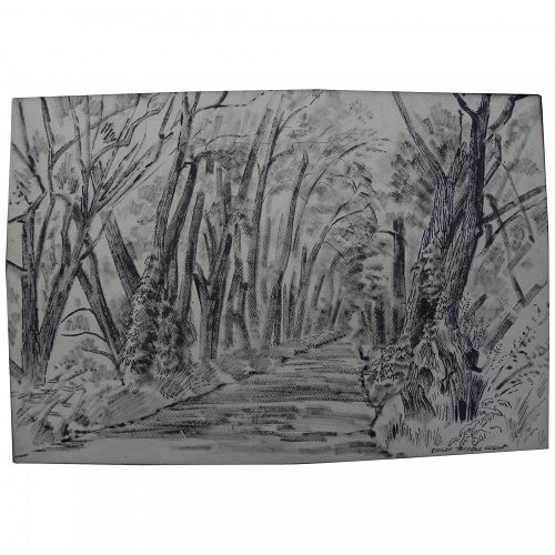 ISOLDE THERESE GILBERT (1907-1986) vintage ink drawing "Wooded Road"