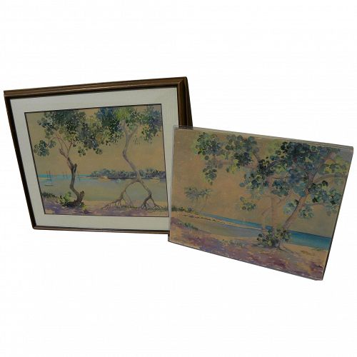 Vintage Florida art PAIR watercolor paintings by RACHEL STEARNS (1895-1979)