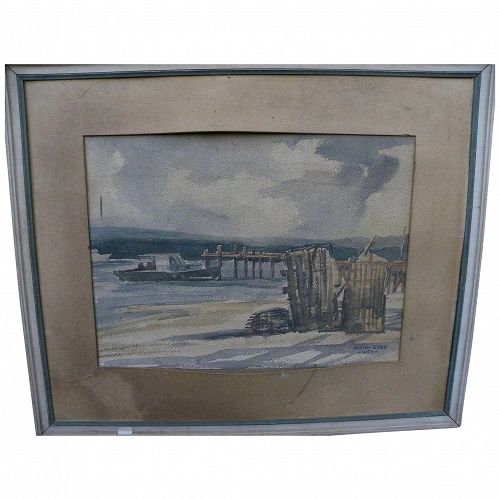 American signed watercolor 1950 painting of New England lobster dock